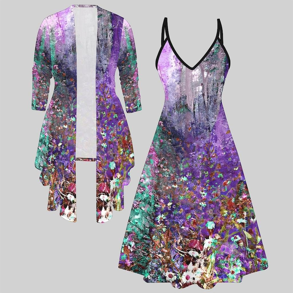 Conjunto Vestido e Casaco Impresso em 3D, Combinação de Duas Cores com Design Simples, Estampa da Moda, adequado para Vários Cenários de Estilo da Moda