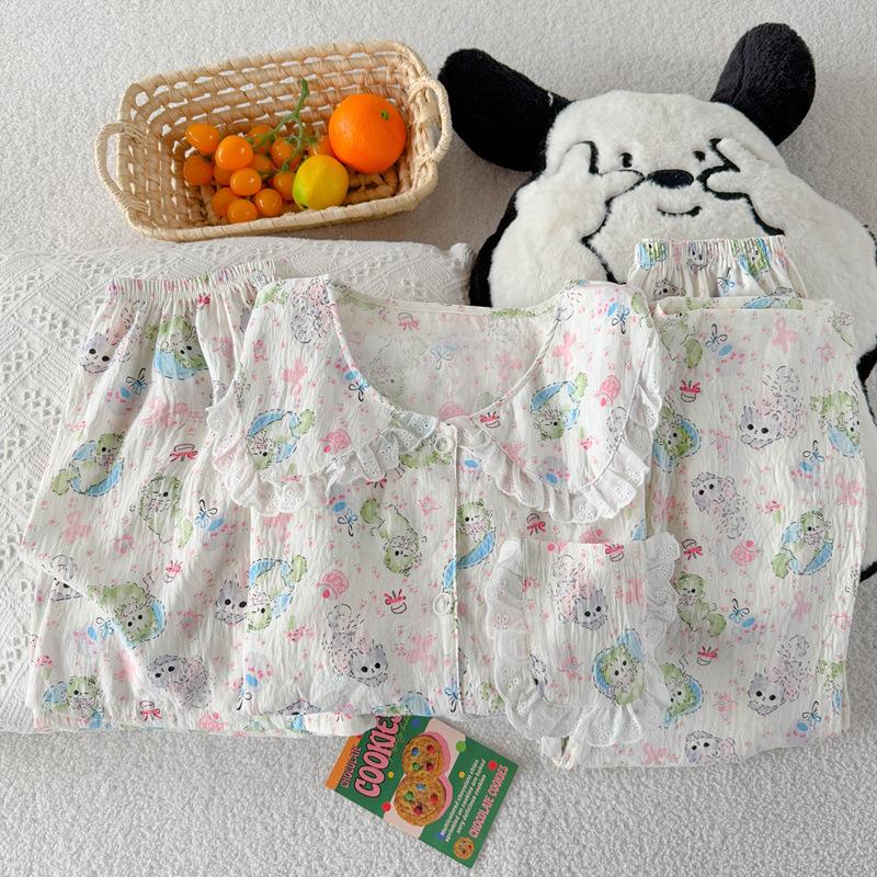 Cute Doll Collar Cartoon Cat Short-Sleeved Pajamas Women'S Summer Cloud Cotton Loungewear Three-Piece Set