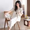 Self-contained chest pad pure cotton pajamas women's summer thin short-sleeved cropped pants sweet cotton loungewear set large size