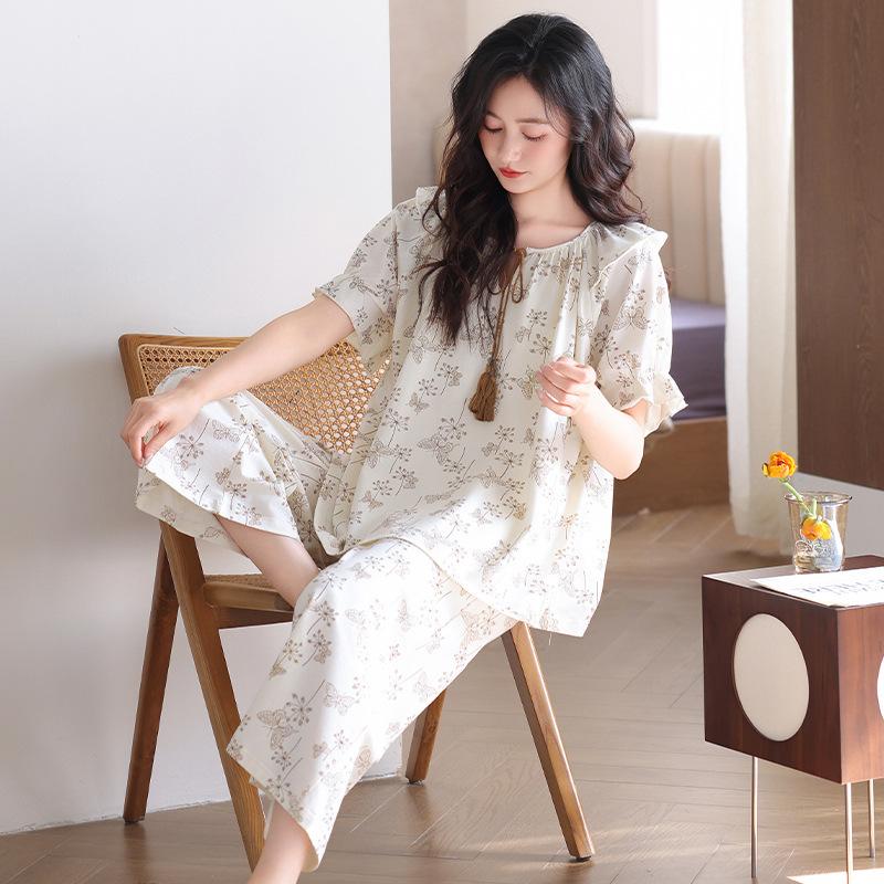 Self-contained chest pad pure cotton pajamas women's summer thin short-sleeved cropped pants sweet cotton loungewear set large size