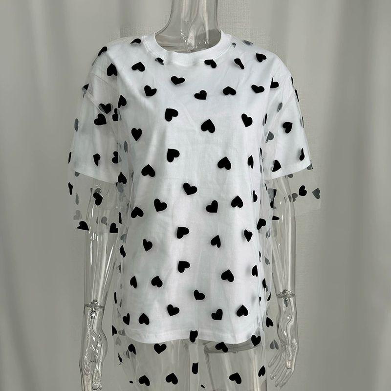 European and American Fashion Love Heart Mesh Patchwork T-shirt Loose round Neck Top Printed Loose T-shirt