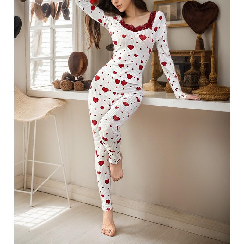 New Loungewear Love Printed Pajamas Love Long Sleeves Trousers Set Can Be Worn Outside European and American Women's Pajamas