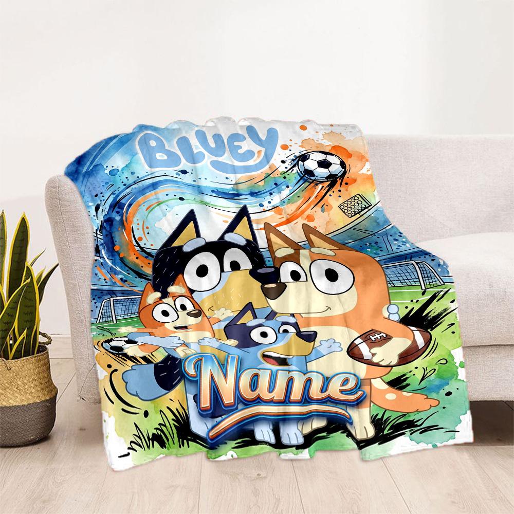 Bluey Sports Adventure Customize Your Name Blanket Gift Personalized Blanket Ultra-Soft Great for Seaside Couch Bed Home Decor Four Seasons Universal