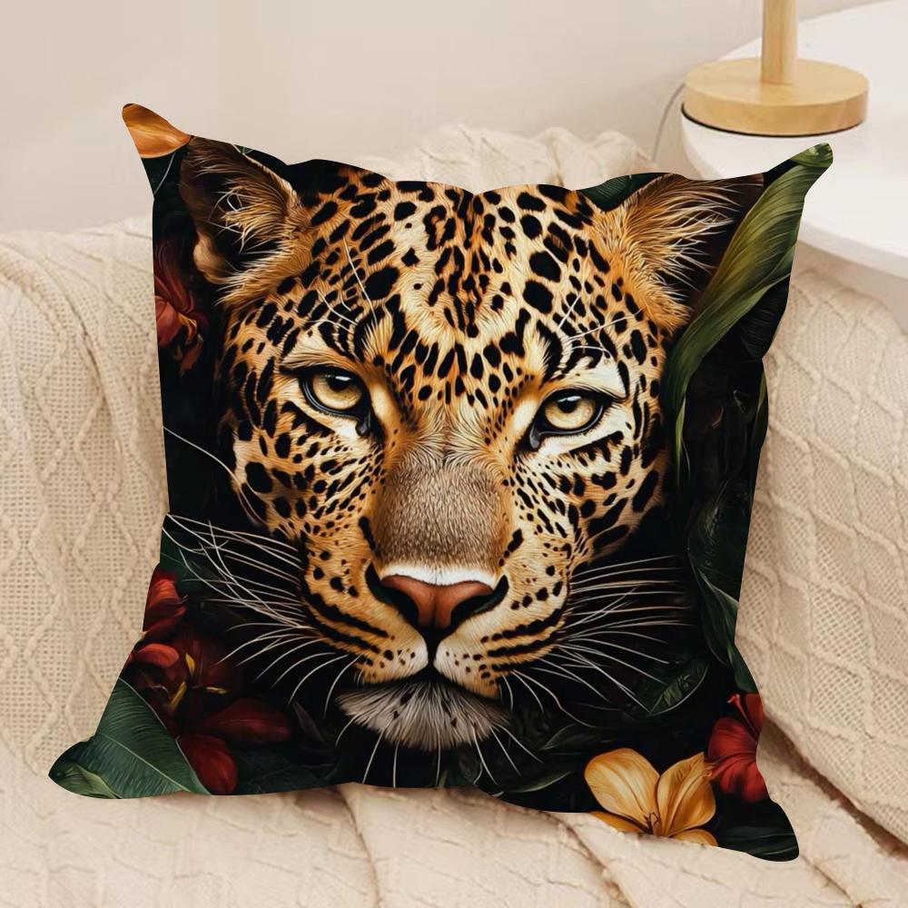 Uropean Fashion Leopard With Wreath Animal Portrait Cushion Cover Soft Plush Throw Pillow Cover  Cushion Case  Sofa Home Decor