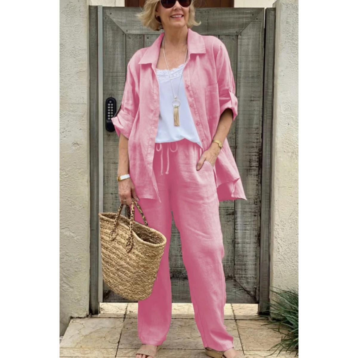 

Весенне-осенняя новая женская одежда, модный повседневный дизайн, кардиган, топ, брюки прямого кроя, высококлассный костюм-двойка XXL розовый