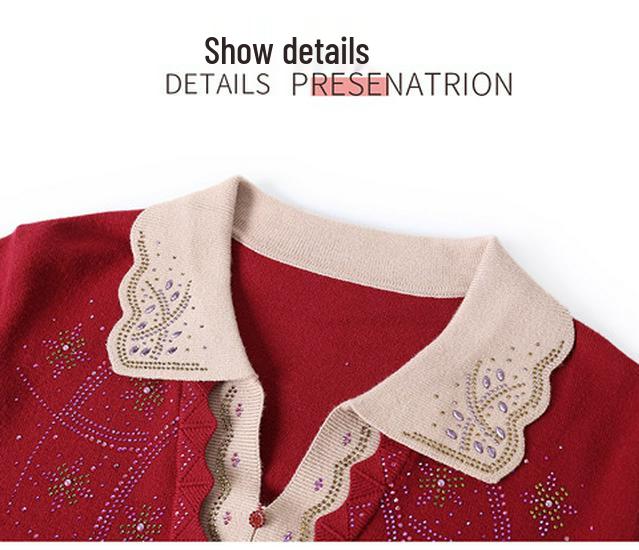 Mom's Plus Size Knit Lapel Sweater - Long-Sleeved Autumn/Winter Base Layer for Middle-Aged Women