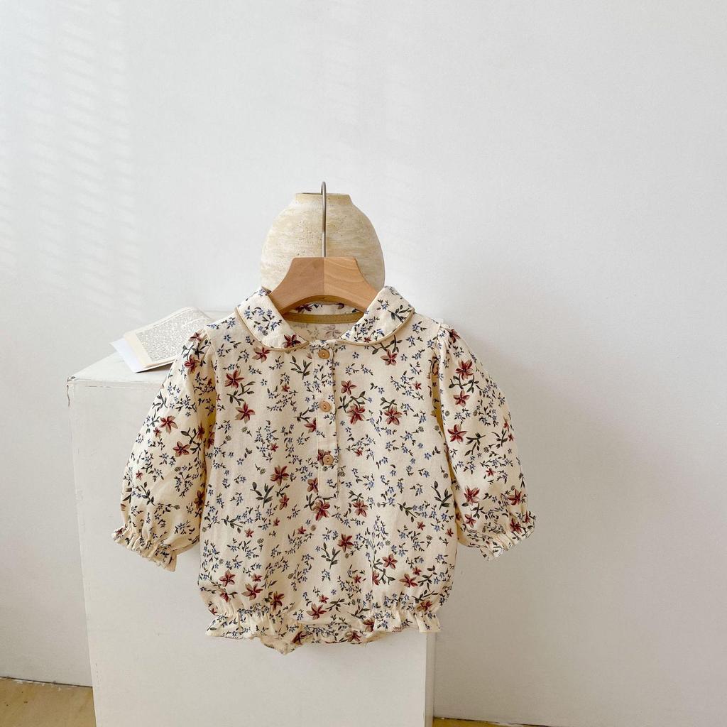 Autumn 2024 Baby Girl Cotton Romper: Printed, Lapel, Puff Sleeves, Long Sleeve, Loose Fit, Triangle Design for Crawling.