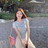 Light blue sweet short-sleeved T-shirt for women's summer new Korean straps for girls to wear slim-fitting bottoming shirt
