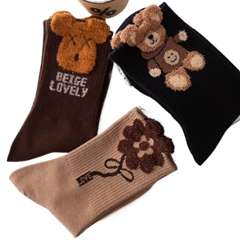 Women's Autumn and Winter Mid-calf Socks Cute Kawaii Bear Socks Warm Socks 3 Pairs