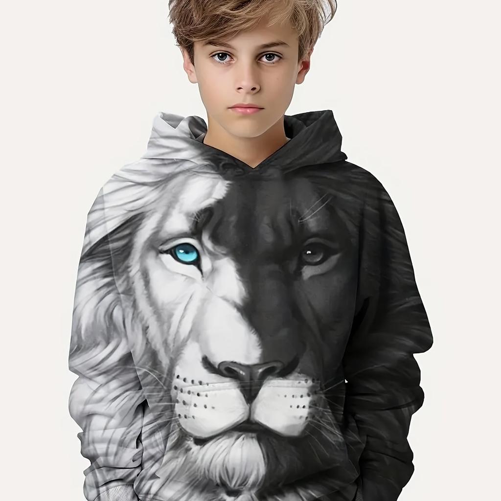 Lions Roar - Trendy 3D Printed Color Block Hooded Sweatshirt for Boys - Long Sleeve Perfect for Spring Fall Outdoor Adventures