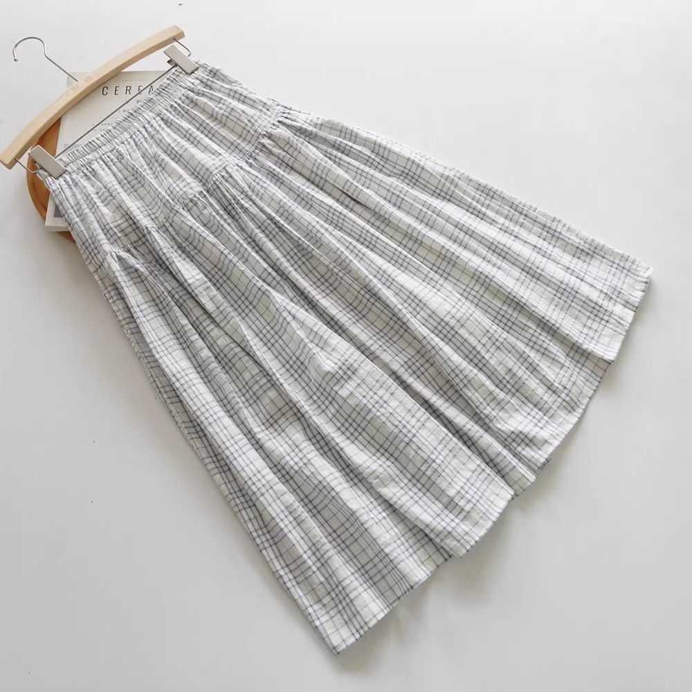 Women's French Romantic Seersucker Checkered A-Line Umbrella Midi Skirt - Light Blue & White Paneled Flared Hem for Summer