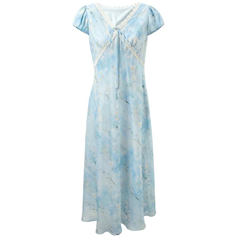 Sancai Lyocell Floral Print V-Neck A-Line Long Dress S