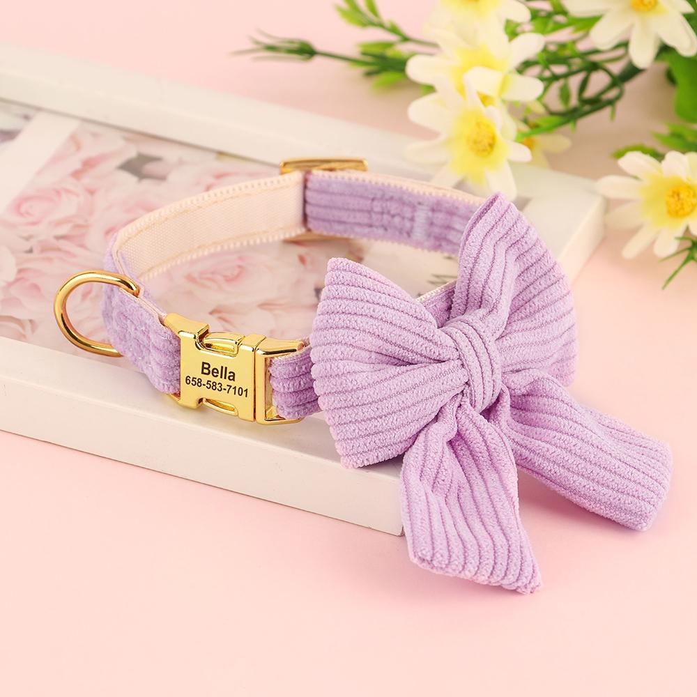 

Персонализированный ошейник для собаки Регулируемый ошейник для щенков Домашнее животное Пользовательское ID Ожерелье с бантом Милый для маленьких и средних собак Чихуахуа S фиолетовый