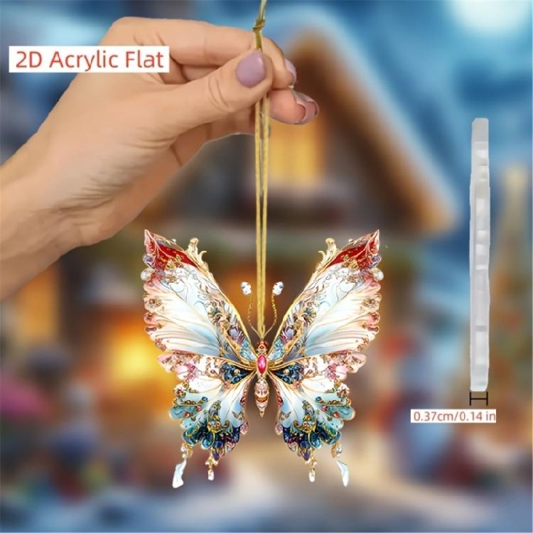 Crystal Like Colorful Butterfly Hanging Ornament 2D Flat Acrylic Pendant Bag Charm for Car Rear Mirror and Home Decors