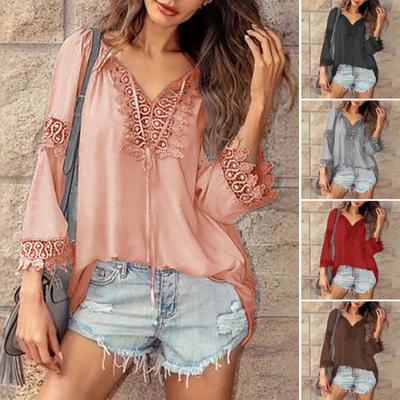 Women Tops V-Neck Embroidery Lace Trim Lace-up Long Sleeve Pullover Tops Solid Color Loose Fit Casual Style Shirt