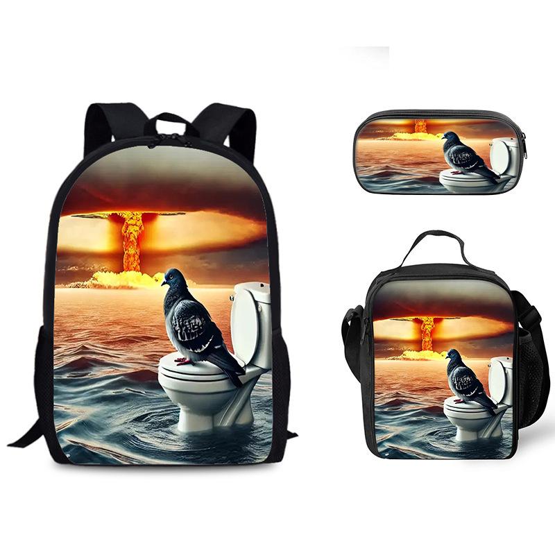 Luxus Beliebt Lustig Neuheit Taube auf Toilette 3D Druck 3Stück/Set Schüler Schultaschen Laptop Tagesrucksack Rucksack Lunchtasche Federmäppchen
