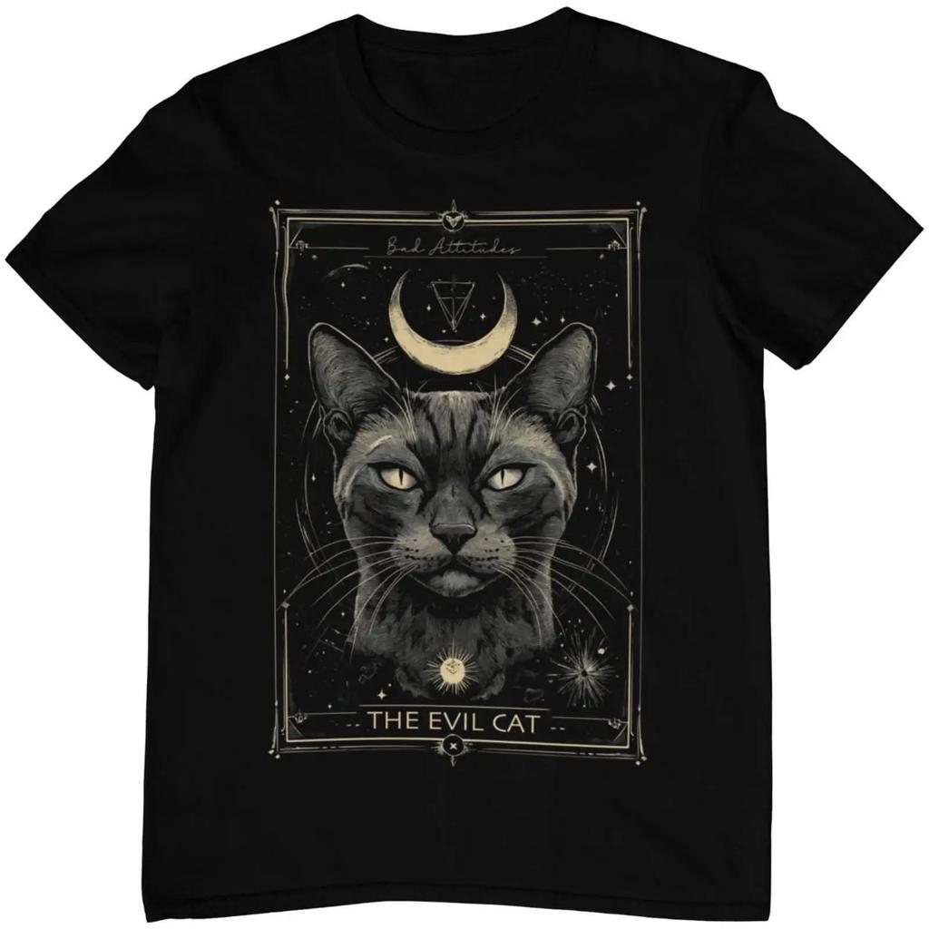 The Evil Cat Tarot T Shirt Gothic Katze Tarotkarte Dark Art Aesthetic Okkult Witchcraft Card Vintage Washed Stylish