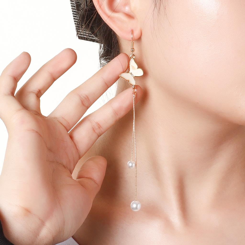 Retro Tassel Imitation Pearl Butterfly Ear Hanging Earrings, Simple Temperament Long Versatile Earrings