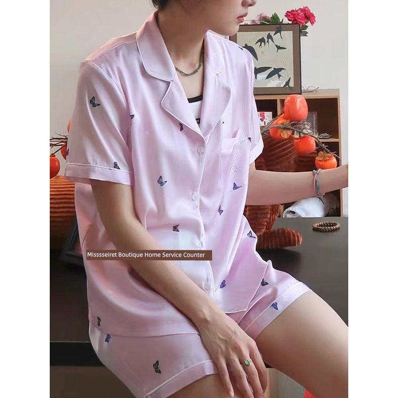 Gao Ding Light Luxury ~ Fantasy Butterfly Blue Ice Silk Satin Pajamas Women Summer Set Long sleeve Trousers Thin Homewear