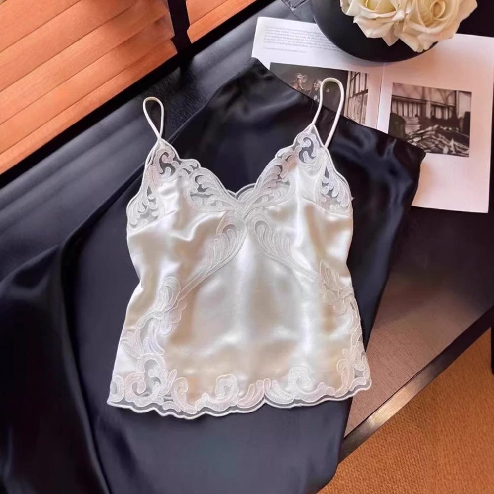 Women White Lace Trim Camisole Vest Thin Micro Elastic High Waist Elegant Sleeveless Top Spring Summer Inner & Outer Wear