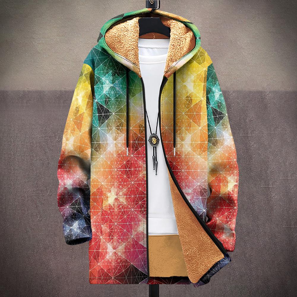 New Jacket: Multi-colored Pattern Elements, Zipper Hooded Cardigan, Thickened Winter Fleece Padded Clothes, Yellow Lining, Trendy Cotton Clothes