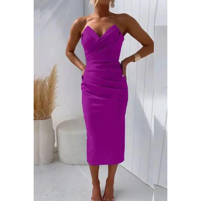 Fashion European and American Women Clothes Sexy Tube Top Sleeve Slit Solid Dress Sexy Solid Color Dress