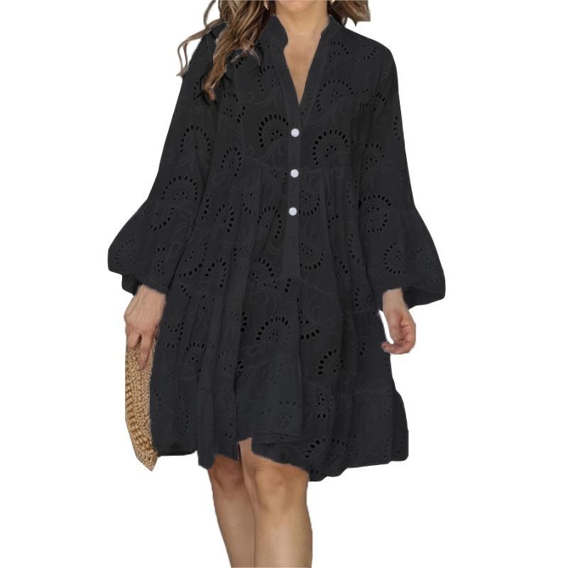 Abito con orlo a volant cavo, Elegante abito solido con scollo a V e maniche svasate, Abbigliamento da donna