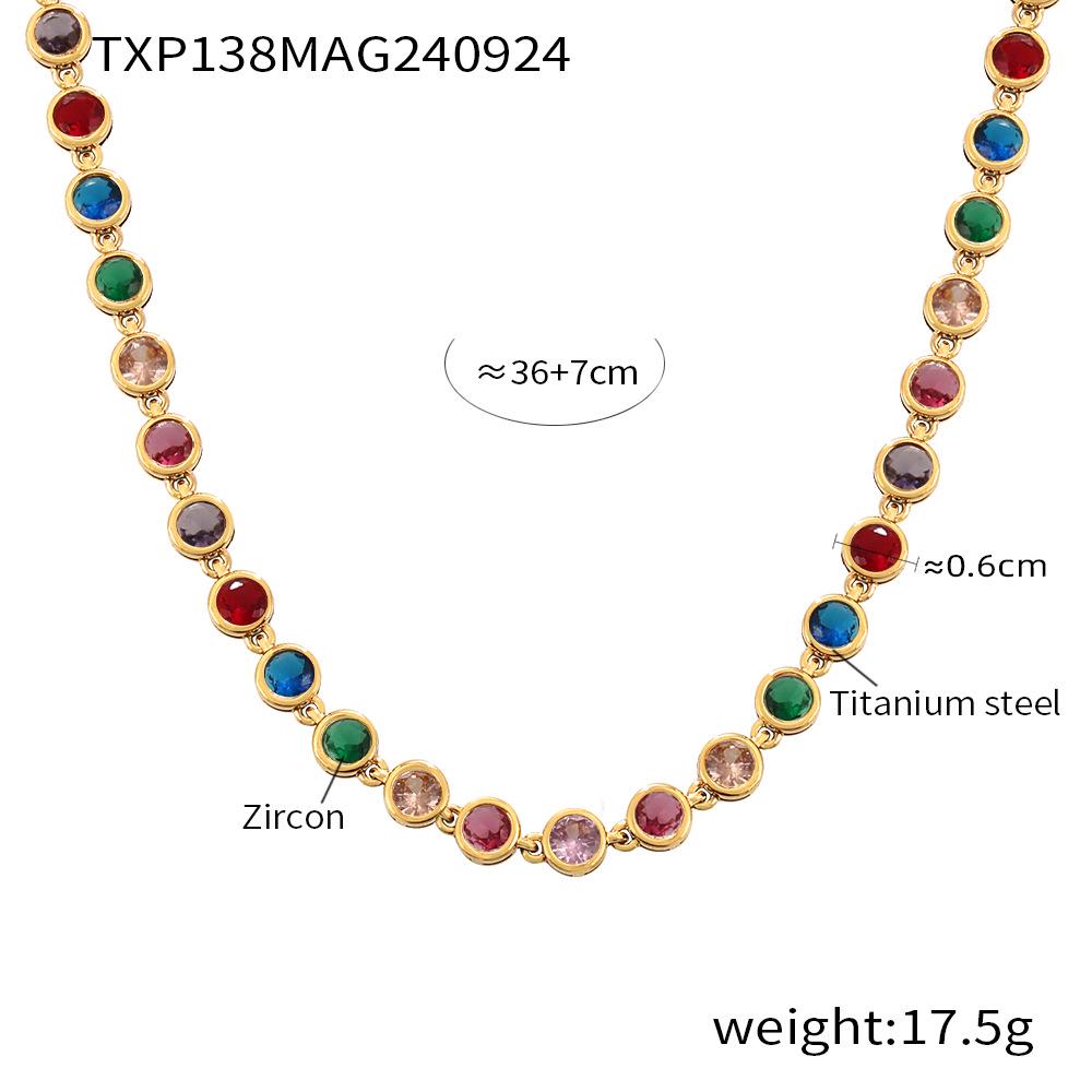 Bohemian Zircon Jewelry Set: Colorful Beads, Round Necklace & Bracelet, Titanium Steel with PVD Plated 18K Gold.