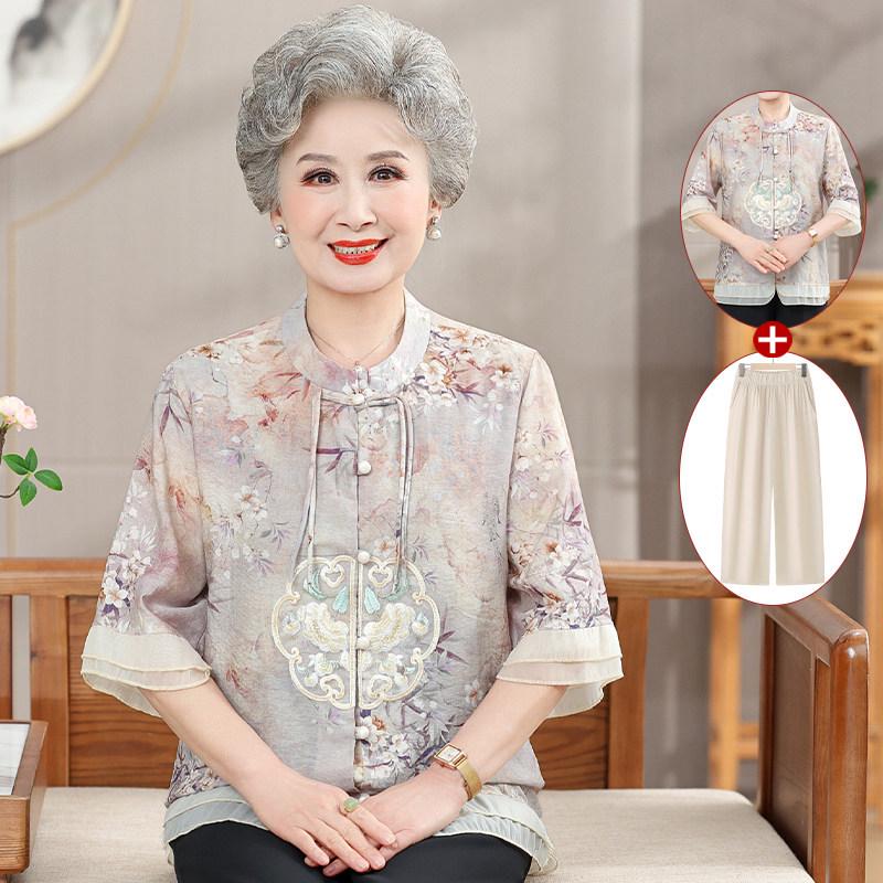 Chinesischer Stil Sommer-Sets mit kurzen Ärmeln für Frauen mittleren Alters & ältere Frauen - Stilvolle T-Shirts & Hemden für Mütter, Perfektes Geschenk zum Muttertag