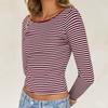 Ladies Spring Autumn Long Sleeve Round Collar Backless Striped Slim Fit Pullover Bare Midriff T Shirt Top