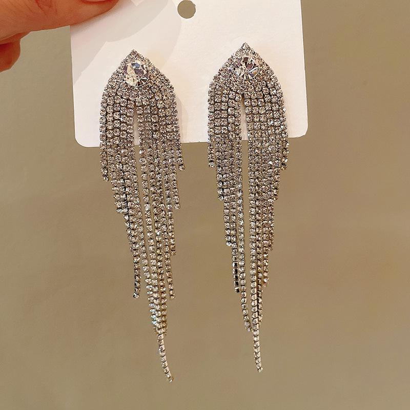 Silver Needle French Court Zircon Tassel Earrings - Elegant Geometric Studs for a Chic, Unique Look