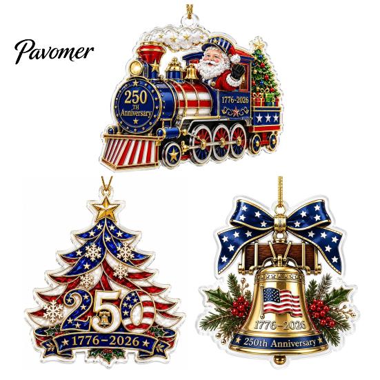 250th Anniversary Christmas Ornament Ornament, USA Santa Train 2D Flat Acrylic Decoration Patriotic Themed Party Supplies for Tree Holiday Decor, 1776