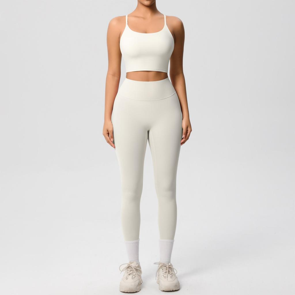 Women's Fashion Solid Color Back Top Tight Breathable Yoga Suit Set Sports Running Fitness Pants Two Piece Set