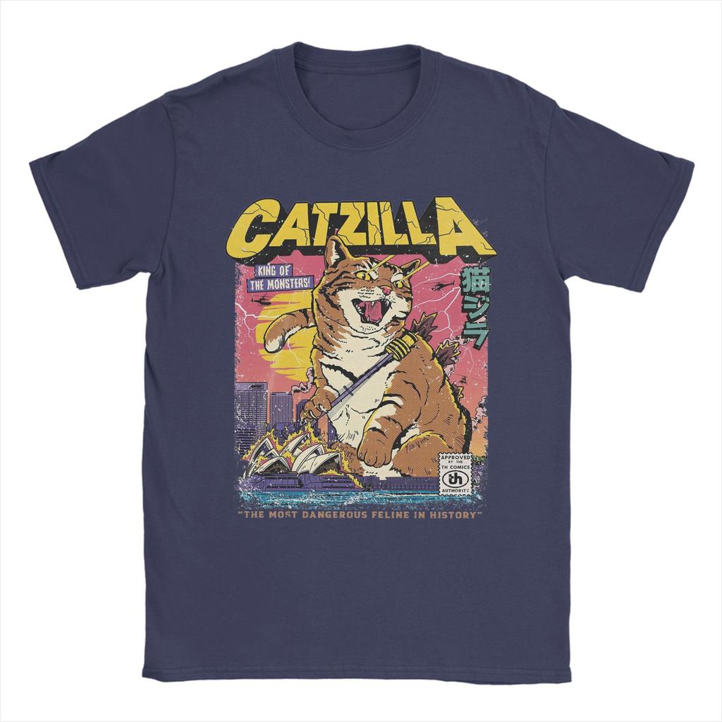 Catzilla Men's T Shirts  Novelty Tee Shirt Short Sleeve Crewneck T-Shirt Pure Cotton Birthday Gift Clothes