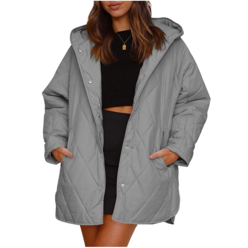 Women's Autumn Winter Solid Color Lightweight Casual Coat Loose Diamond Hooded Jacket