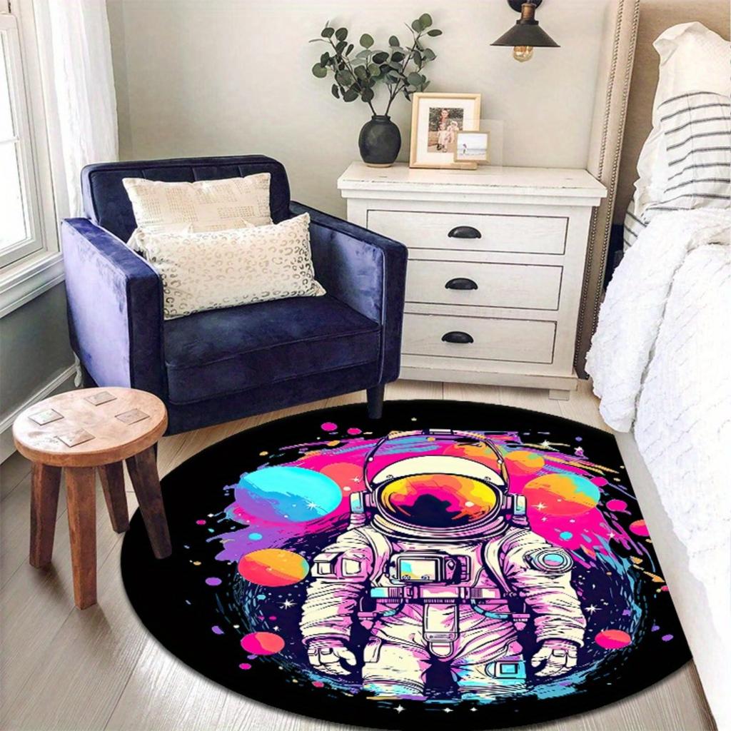 Round Astronaut Space Rug Sci Fi Decor Living Room Bedroom Soft Flannel Carpet Unique Design Floor Mat Home Decoration