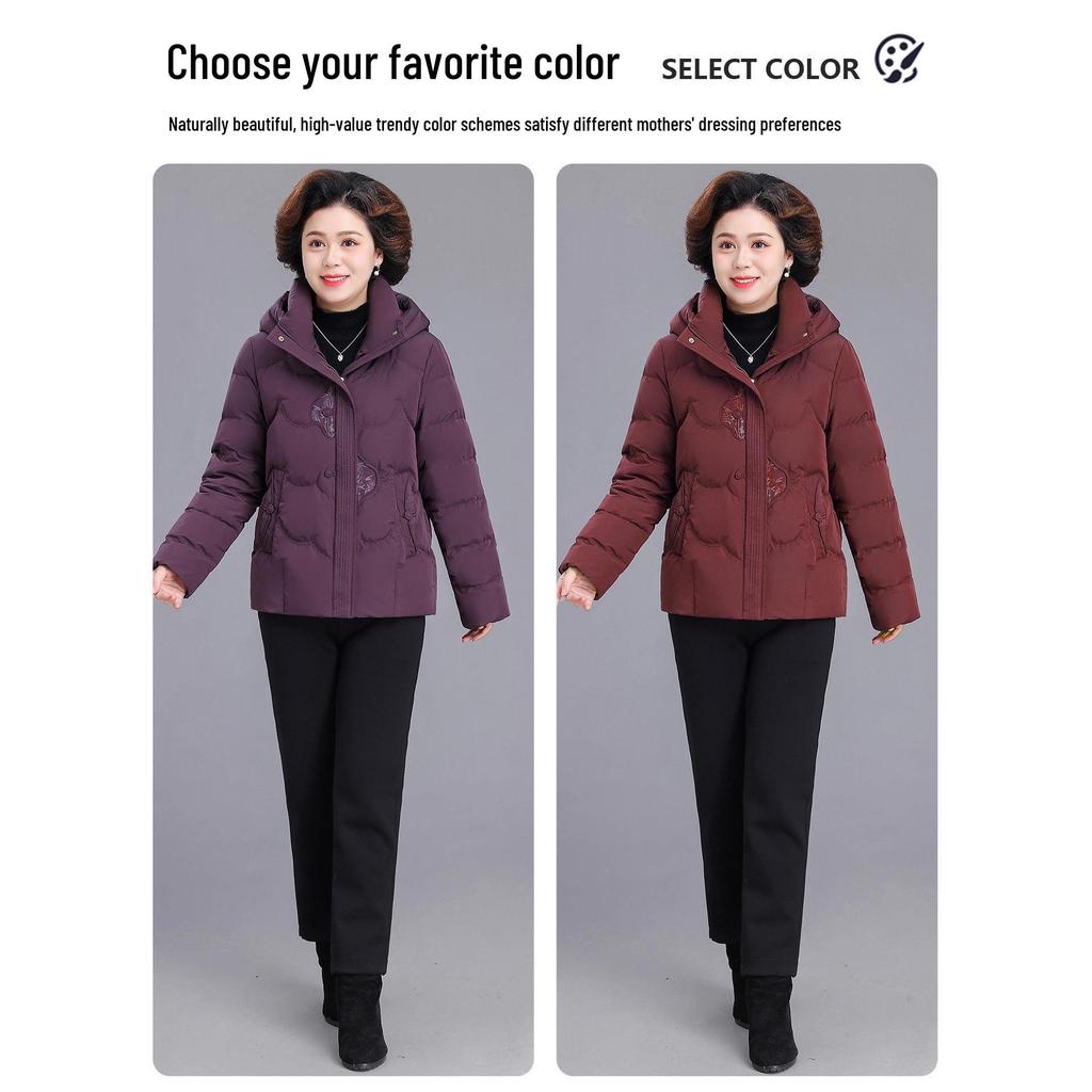 Warme Kapuzen-Daunenjacke für Damen 2025: Neue Stil Stickerei Baumwolle Winter Oberbekleidung für Mütter mittleren und höheren Alters.