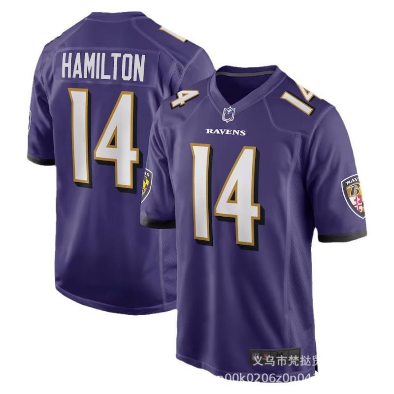 Camiseta NFL Baltimore Ravens para Hombre 8 Lamar Jackson 14 Marquise Brown Morado Blanco Negro Mezcla de Algodón Manga Corta Cuello en V Fanático del Deporte