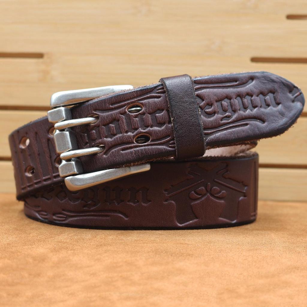 Herren Verdickter Ledergürtel mit doppelter Dornschließe - Echtes geprägtes Rindsleder, Retro Casual Stil für Jeans