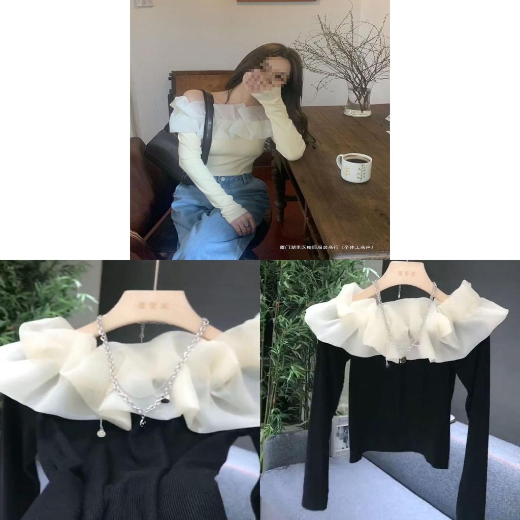 Tshirt Elegant Off Shoulder Mesh Splicing With Embroidery For Women Spring 2025
