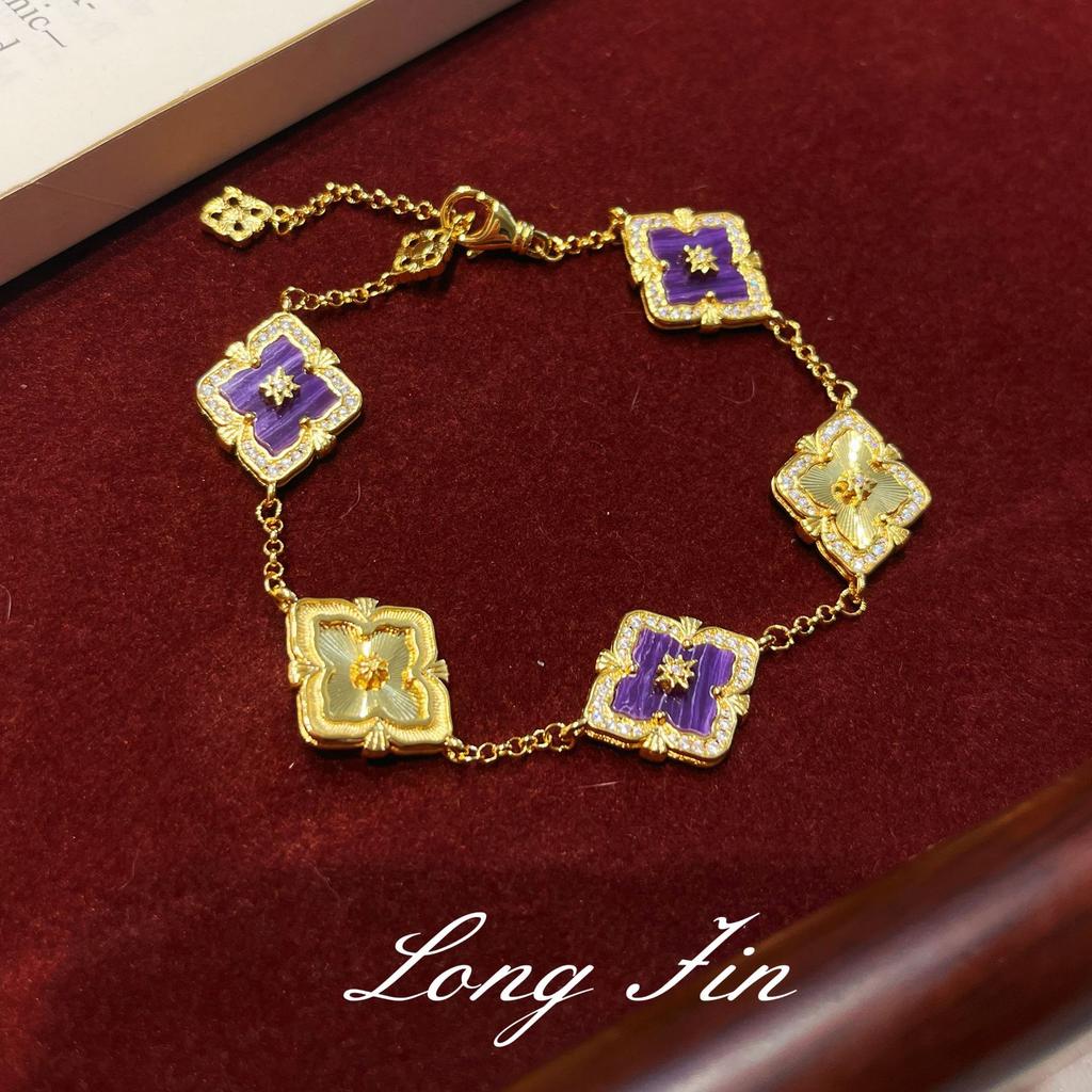 French Retro Four-Leaf Clover Window Grilles, Purple Dragon Crystal Jewelry Set, Necklace, Bracelet, Earrings, And A Ring.