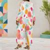 Women Plus Size Dark Blue Printed Round Neck Long Sleeve Two Piece Set Asymmetrical Layered Top Wide Leg Pants