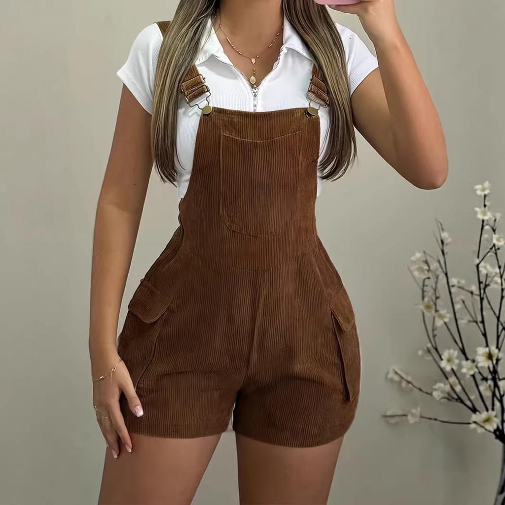 Women's Fashionable Casual Multi-Pocket Corduroy Suspender Jumpsuit Shorts