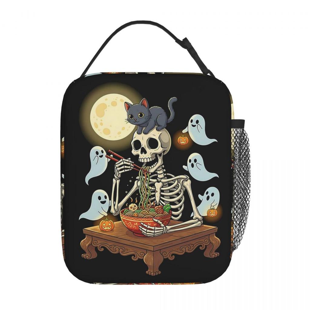 Cartoon Skeleton Eating Ramen Food Halloween Insulated Lunch Bag for Women Children Portable Food Boxes Thermal Lunch Box Tote