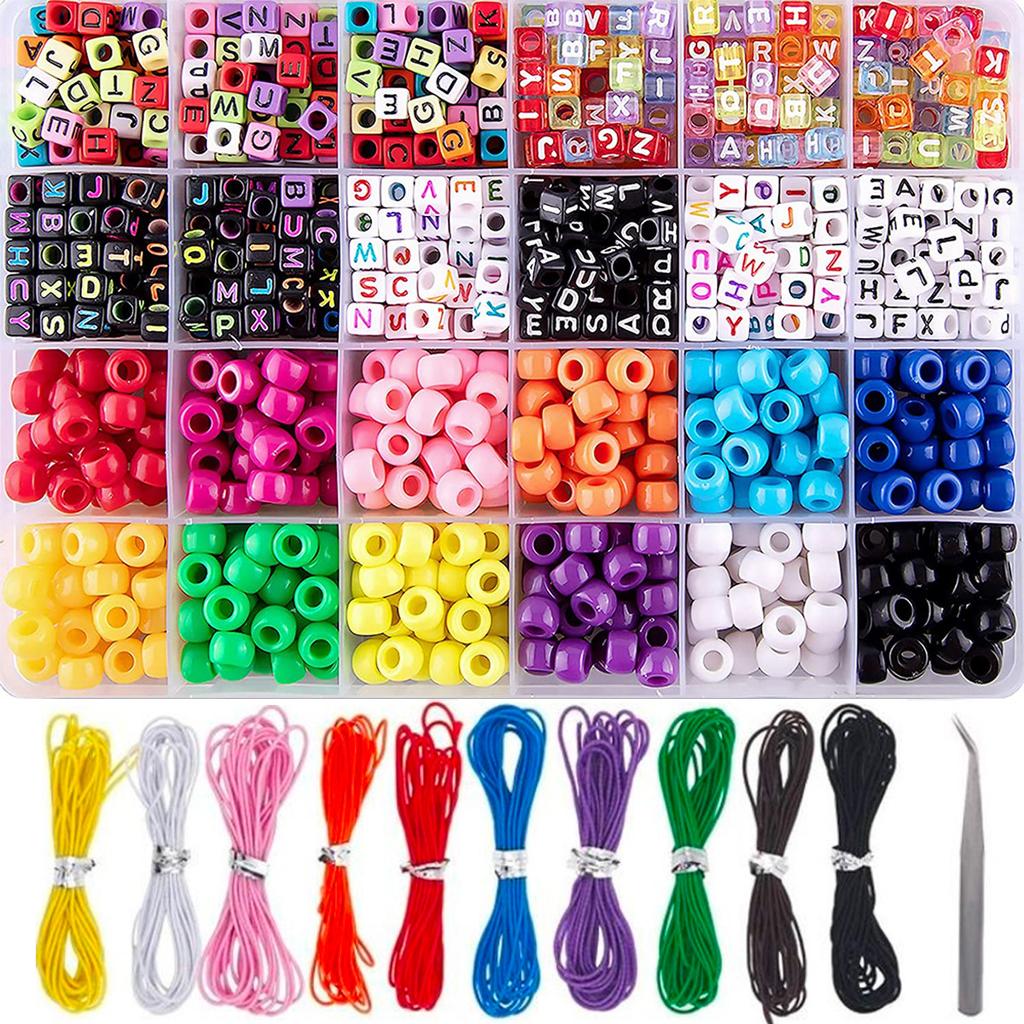 24-Grid Acrylic Letter Bead Diy Set, Bracelet, Necklace, Pony Bead Material, 10-Color Elastic Rope, Tweezers.