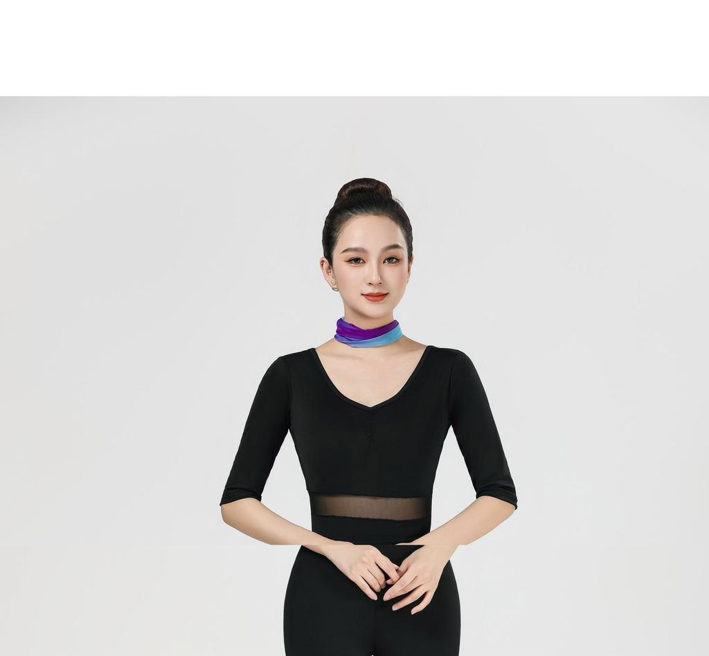 Women's V-Neck Short Sleeve Dance Outfit with Black Flared Pants