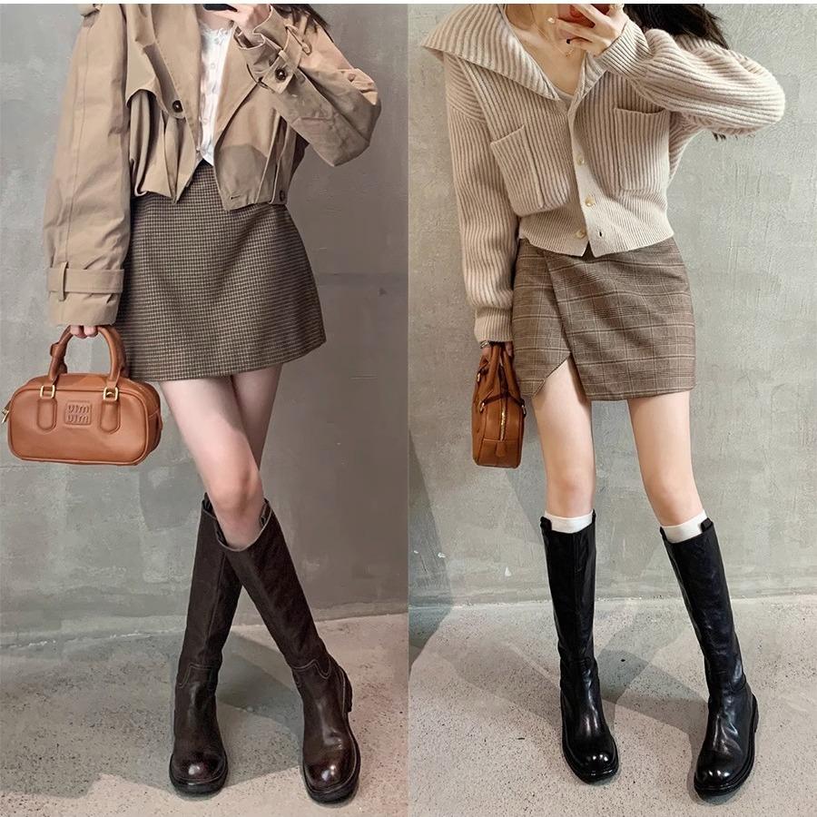 The same shoes retro washed horse leather versatile and thin zipper thick heel platform knight boots