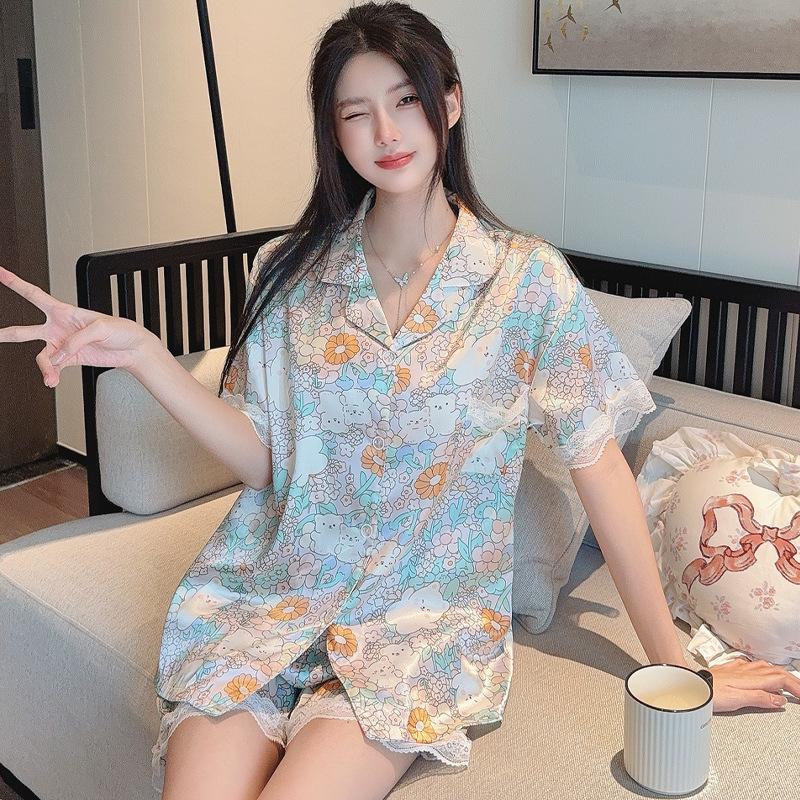 Wind French Women'S Pajamas Summer Thin Ice Silk Short-Sleeved Suit Silk Cool Jacquard Loungewear Real Shot