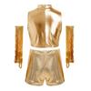 Conjunto de Rendimiento de Baile para Niñas Top Corto Metálico de Lentejuelas Pantalones Cortos de Cintura Alta y Guantes con Borlas para Espectáculo en Escenario Recital Fiesta