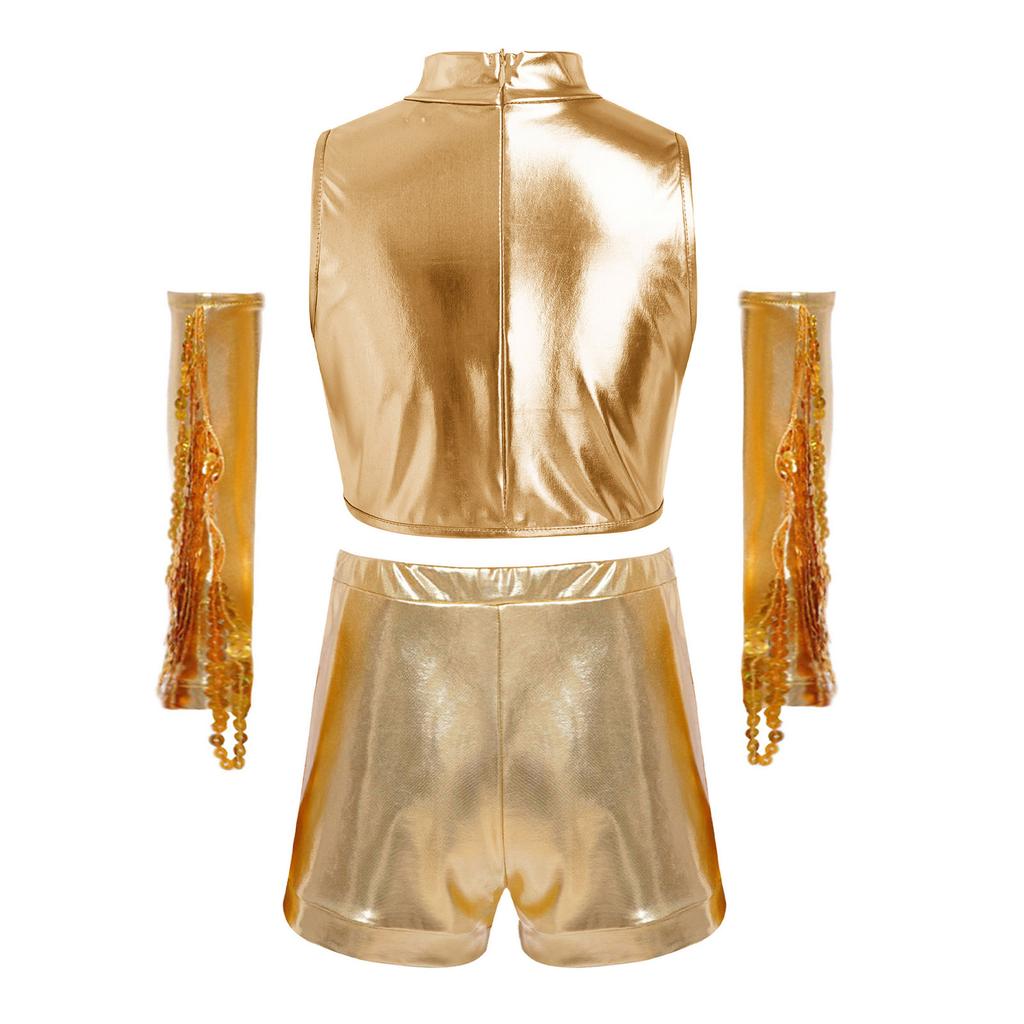 Conjunto de Rendimiento de Baile para Niñas Top Corto Metálico de Lentejuelas Pantalones Cortos de Cintura Alta y Guantes con Borlas para Espectáculo en Escenario Recital Fiesta